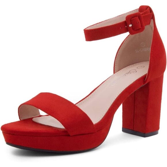 Shoes - Women's Red Chunky Block Ankle Strap Stylish Comfortable Open Toe Strappy Heel